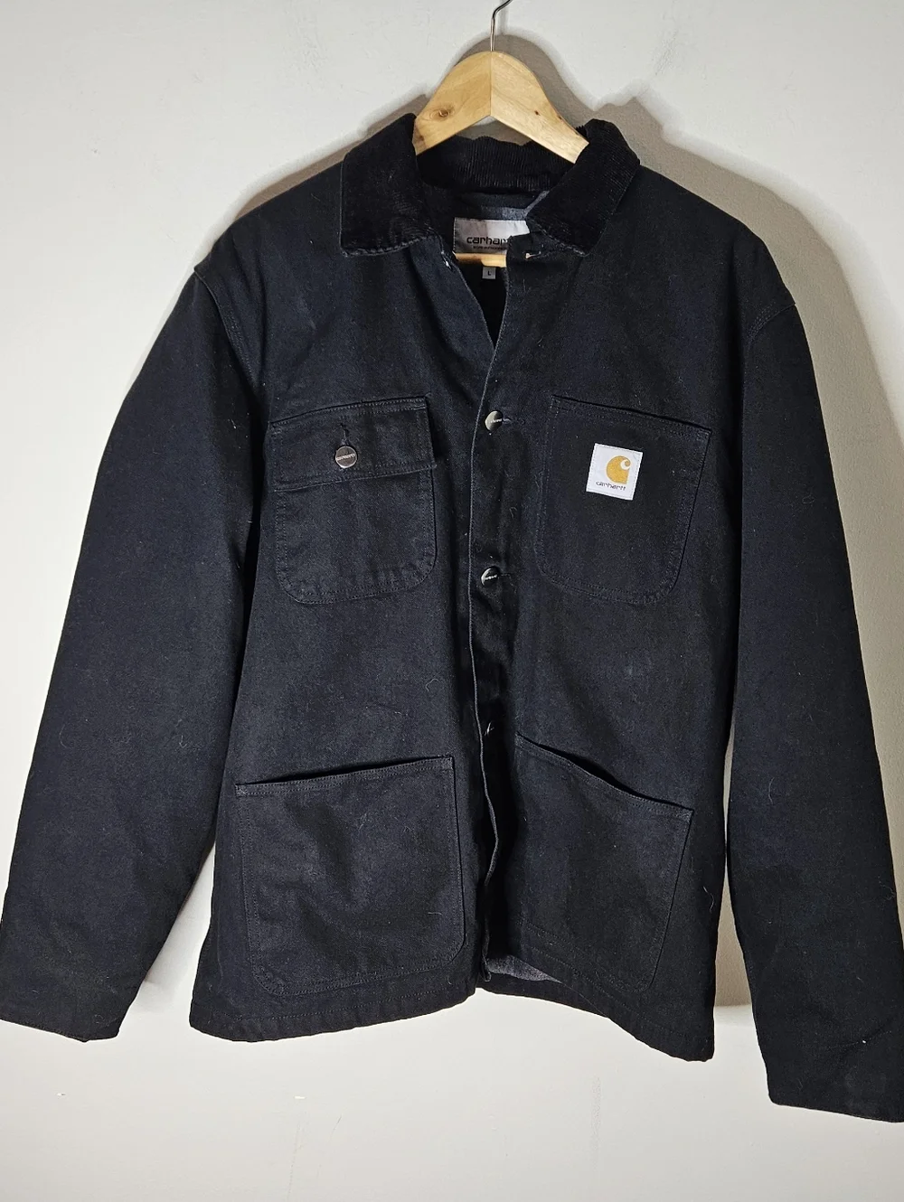 Carhartt WIP Michigan Coat Black Cotton Canvas Buttons Corduroy Collar Mens L